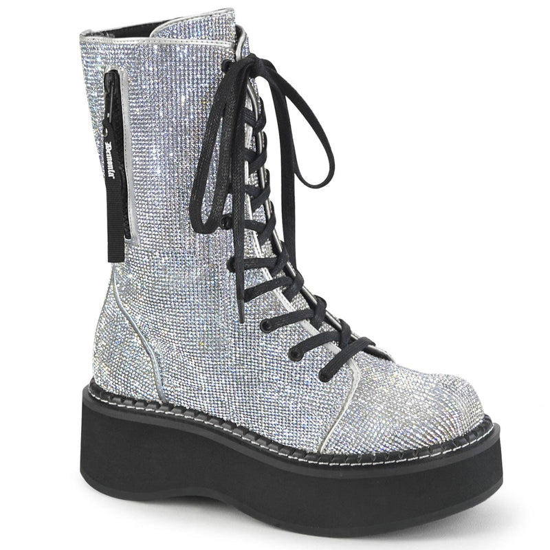 Demonia EMILY-362 Mid-Calf Boot (Silver Vegan Leather-Rhinstone)