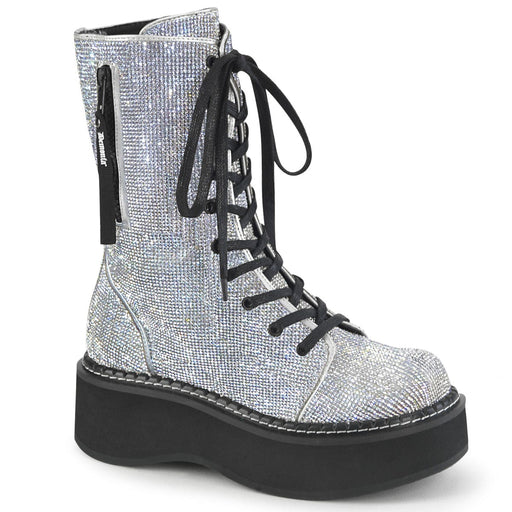 Demonia EMILY-362 Mid-Calf Boot (Silver Vegan Leather-Rhinstone)