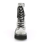 Demonia EMILY-362 Mid-Calf Boot (Silver Vegan Leather-Rhinstone)
