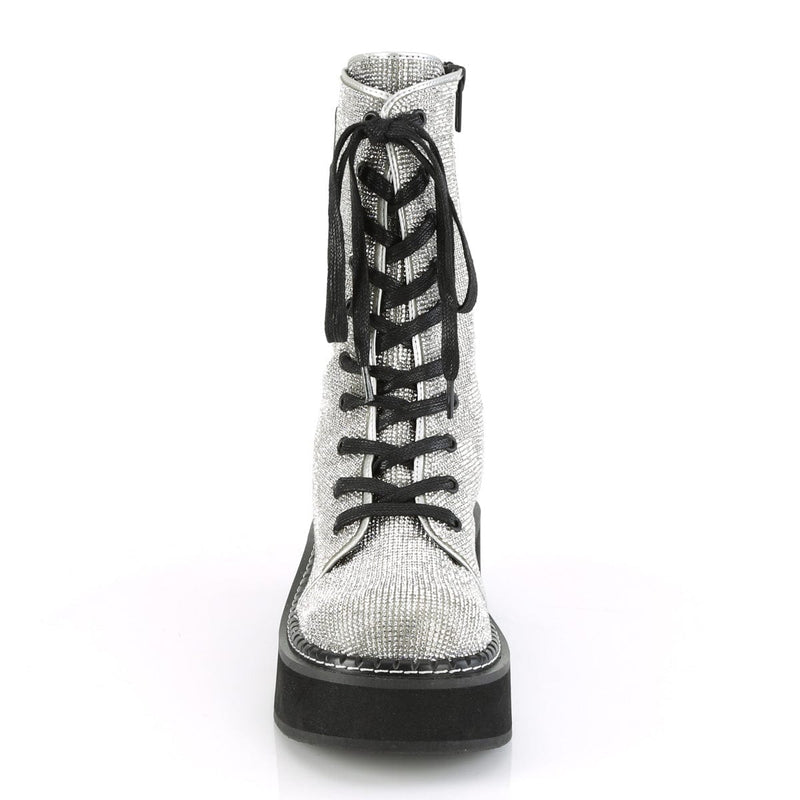 Demonia EMILY-362 Mid-Calf Boot (Silver Vegan Leather-Rhinstone)