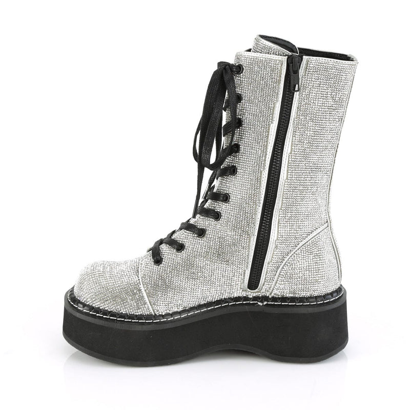 Demonia EMILY-362 Mid-Calf Boot (Silver Vegan Leather-Rhinstone)