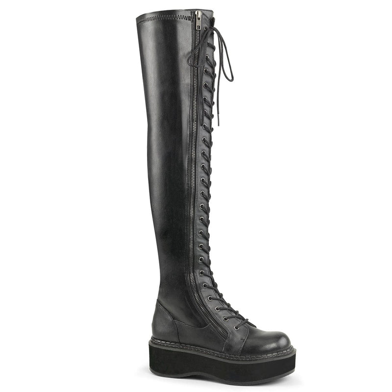 Demonia EMILY-375 Thigh High Boot (Black Stretch Vegan Leather)