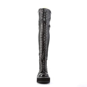Demonia EMILY-375 Thigh High Boot (Black Stretch Vegan Leather)