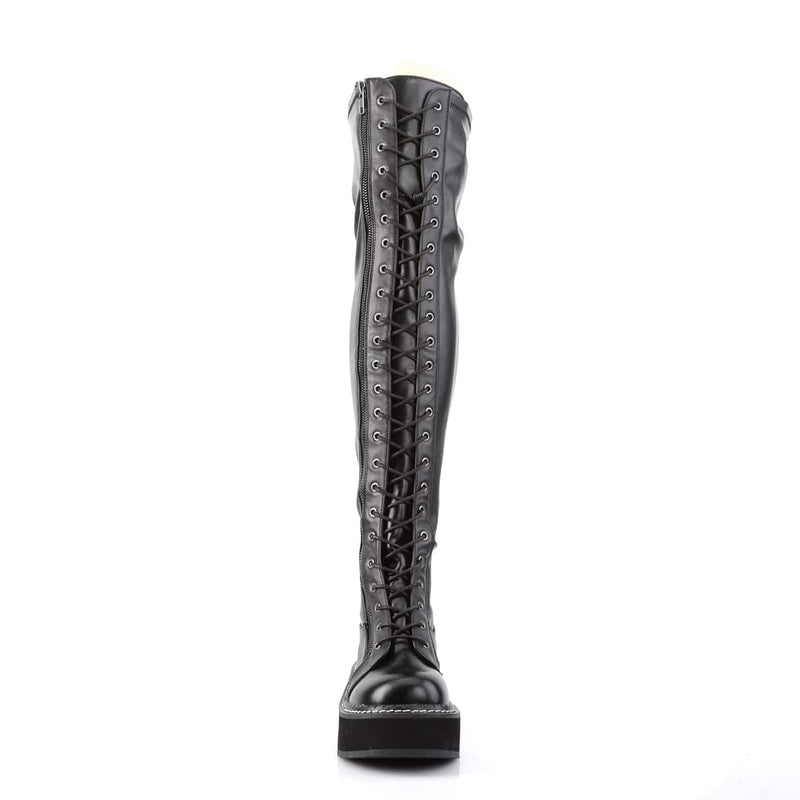 Demonia EMILY-375 Thigh High Boot (Black Stretch Vegan Leather)