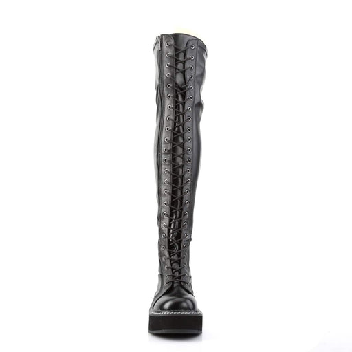 Demonia EMILY-375 Thigh High Boot (Black Stretch Vegan Leather)