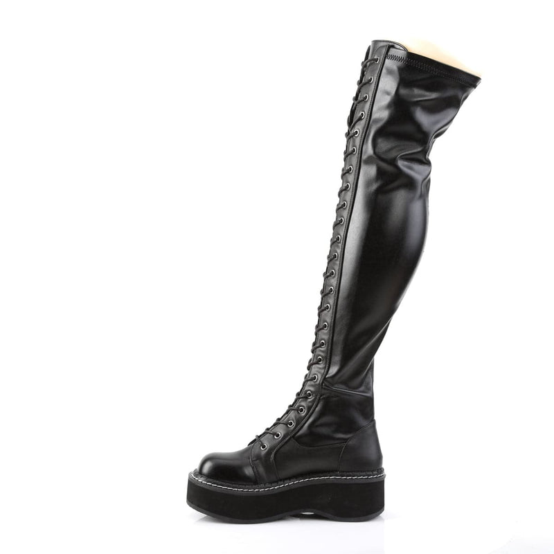 Demonia EMILY-375 Thigh High Boot (Black Stretch Vegan Leather)
