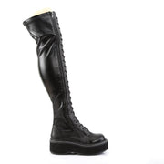 Demonia EMILY-375 Thigh High Boot (Black Stretch Vegan Leather)