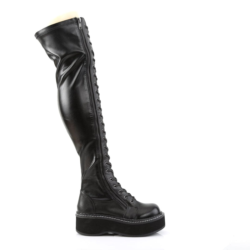 Demonia EMILY-375 Thigh High Boot (Black Stretch Vegan Leather)