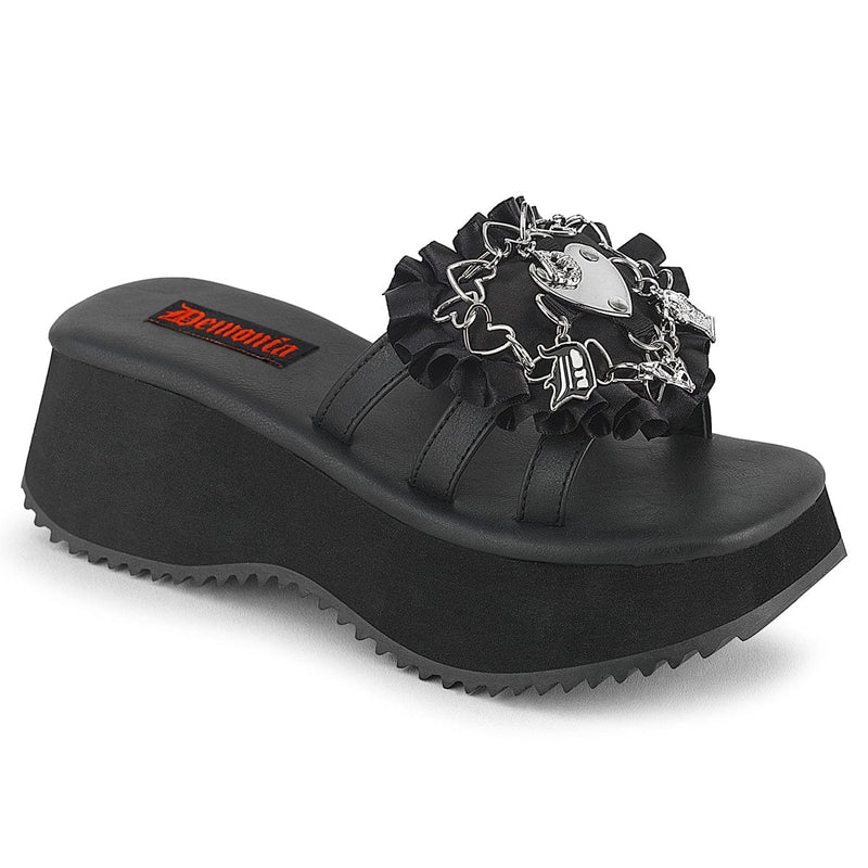 Demonia FLIP-16 Slide (Black Vegan Leather-Satin)