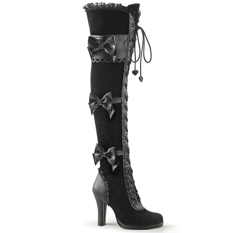 Demonia GLAM-300 Knee High Boot (Black Vegan Leather-Velvet)