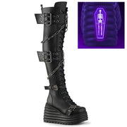 Demonia MORTE-312 Thigh High Boot (Black Vegan Leather)