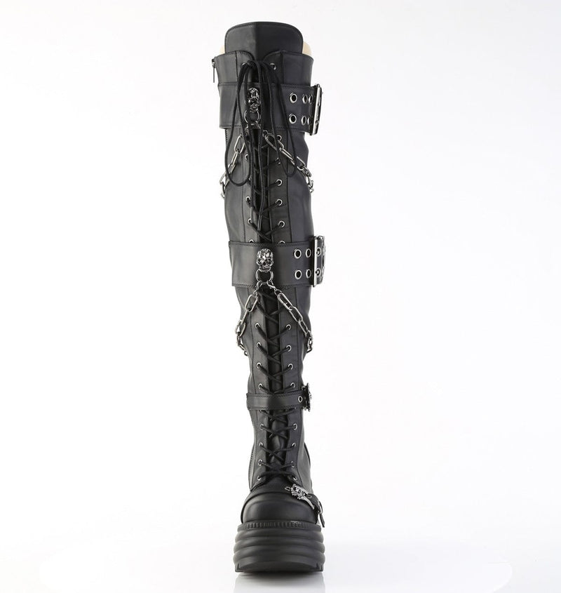 Demonia MORTE-312 Thigh High Boot (Black Vegan Leather)