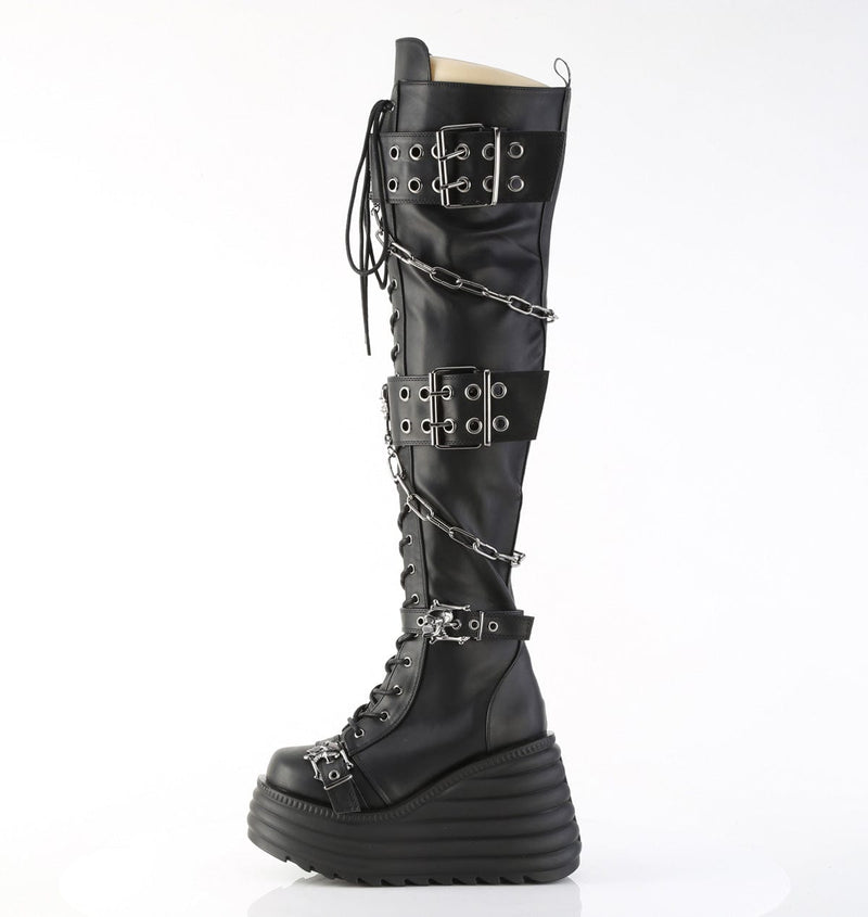 Demonia MORTE-312 Thigh High Boot (Black Vegan Leather)