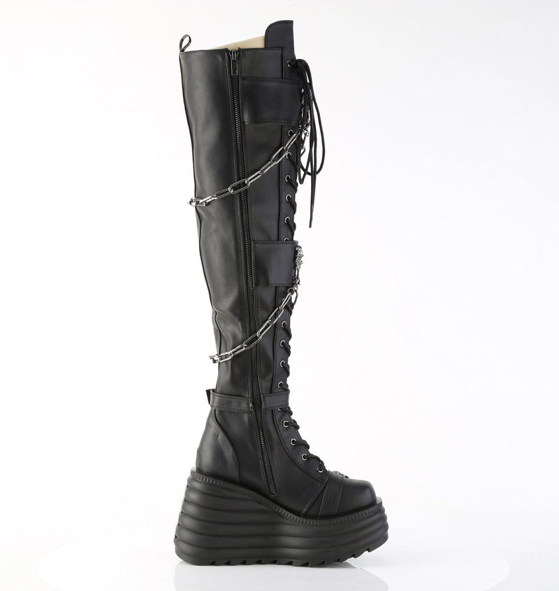 Demonia MORTE-312 Thigh High Boot (Black Vegan Leather)