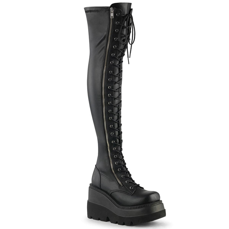 Demonia SHAKER-374 Thigh High Boot (Black Stretch Vegan Leather) 5