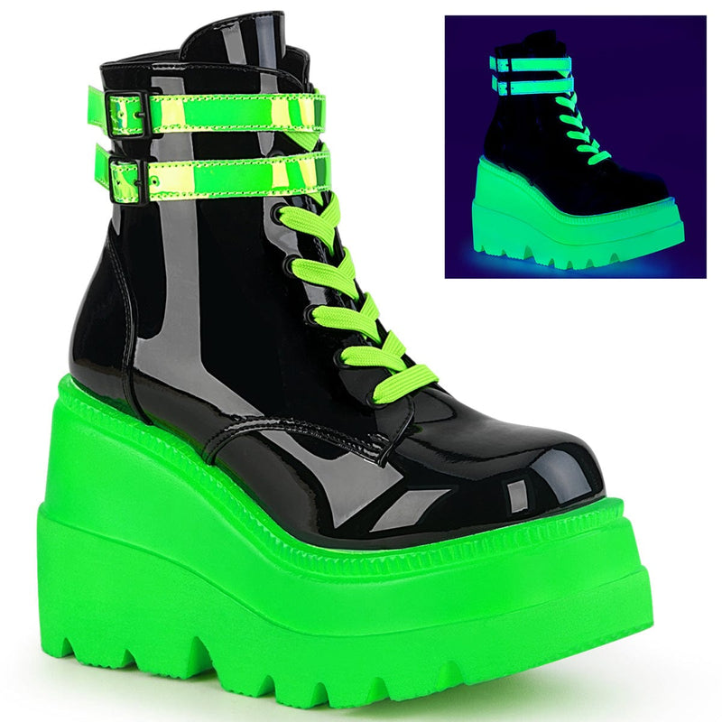 Demonia SHAKER-52 Ankle Boot (Black Patent-UV Neon Green) 5
