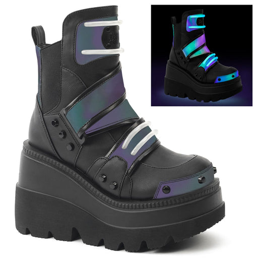 Demonia SHAKER-58 Green Multi Reflective-Black Vegan Leather Ankle Boot