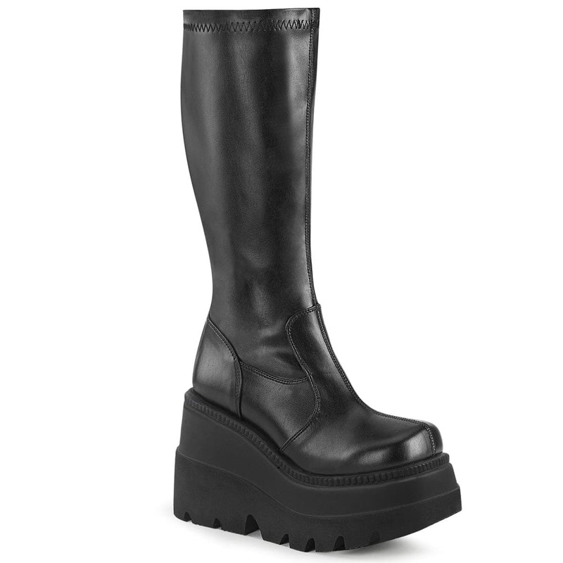 Demonia SHAKER-65 Knee High Boot (Black Stretch Vegan Leather)