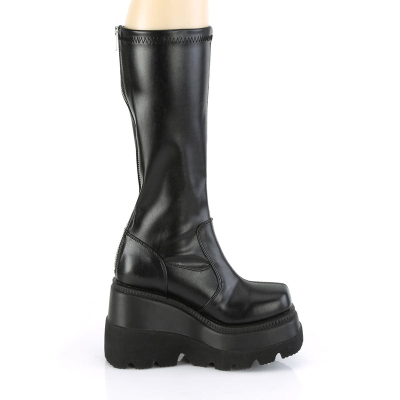 Demonia SHAKER-65 Knee High Boot (Black Stretch Vegan Leather)