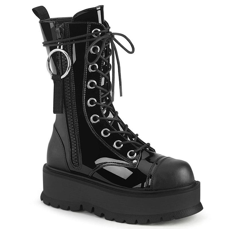 Demonia SLACKER-220 Mid-Calf Boot (Black Patent-Vegan Leather)
