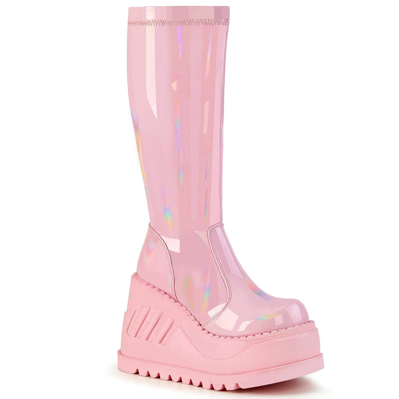 Demonia STOMP-200 Knee High Boot (Baby Pink Hologram Stretch Patent) 5
