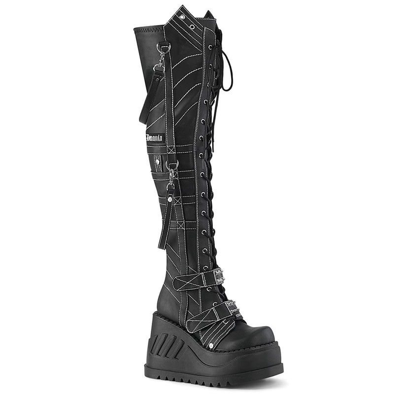 Demonia STOMP-310 Knee High Boot (Black Vegan Leather)