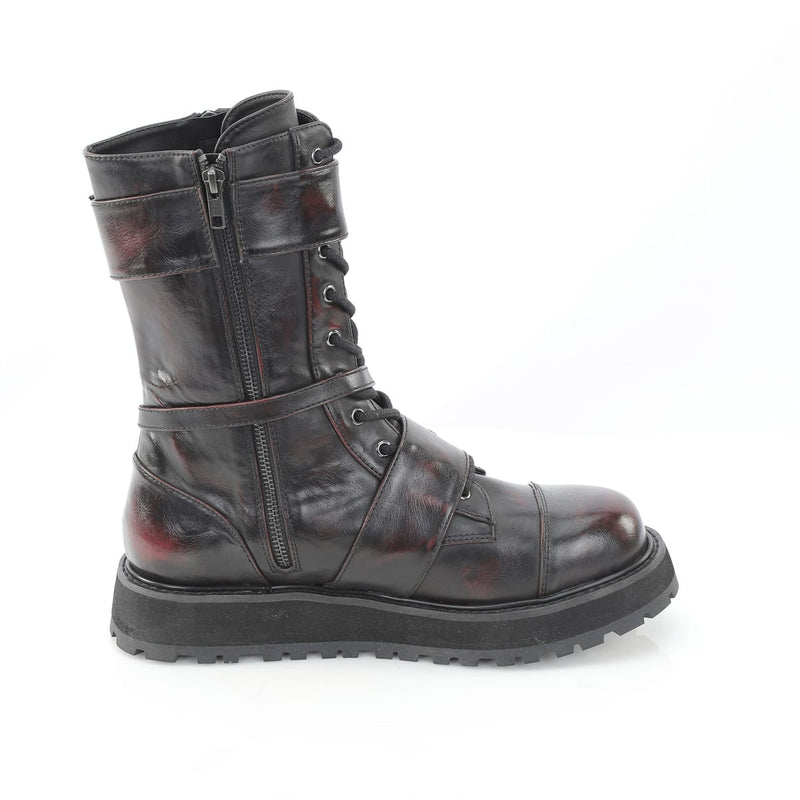 Demonia VALOR-220 Black-Burgundy Rub-Off Vegan Leather Mid-Calf Boot