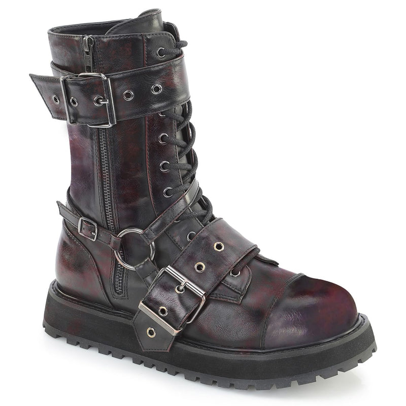 Demonia VALOR-220 Black-Burgundy Rub-Off Vegan Leather Mid-Calf Boot