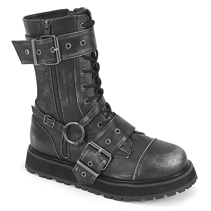 Demonia VALOR-220 Black-Silver Rub-Off Vegan Leather Mid-Calf Boot