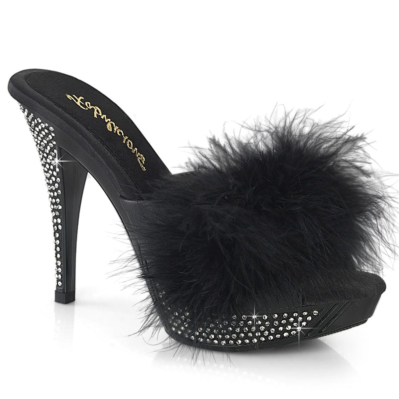 Fabulicious ELEGANT-401F Mule / Slide (Black Marabou-Faux Leather/Black)