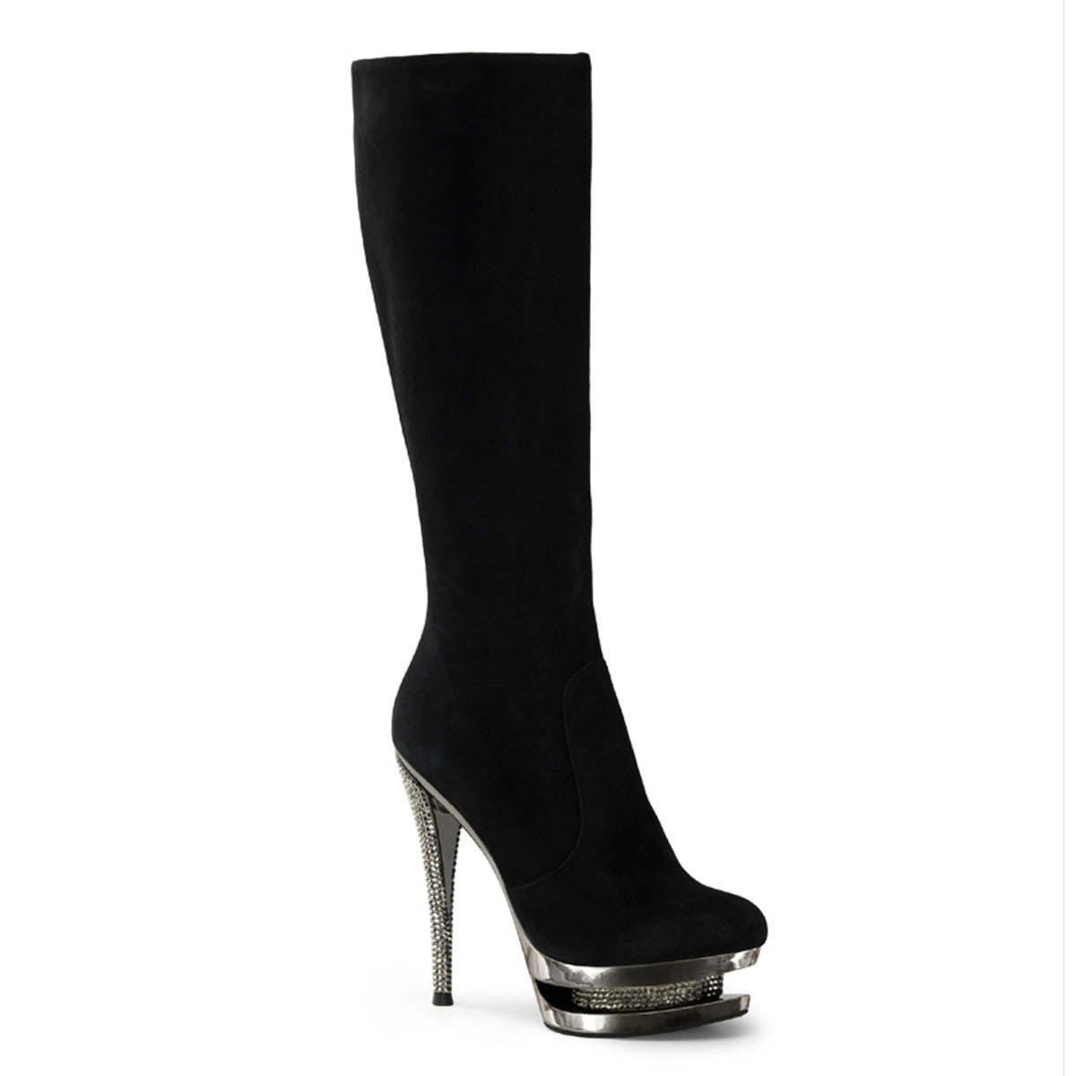 FASCINATE-2010 Black Suede/Pewter Chrome High Heel Thigh Boot