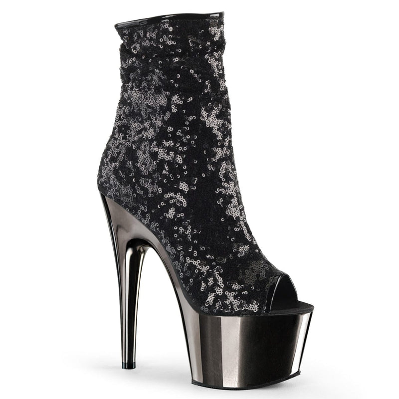 Pleaser ADORE-1008SQ Platform Ankle Boot (Black Sequins/Dark Pewter Chrome)
