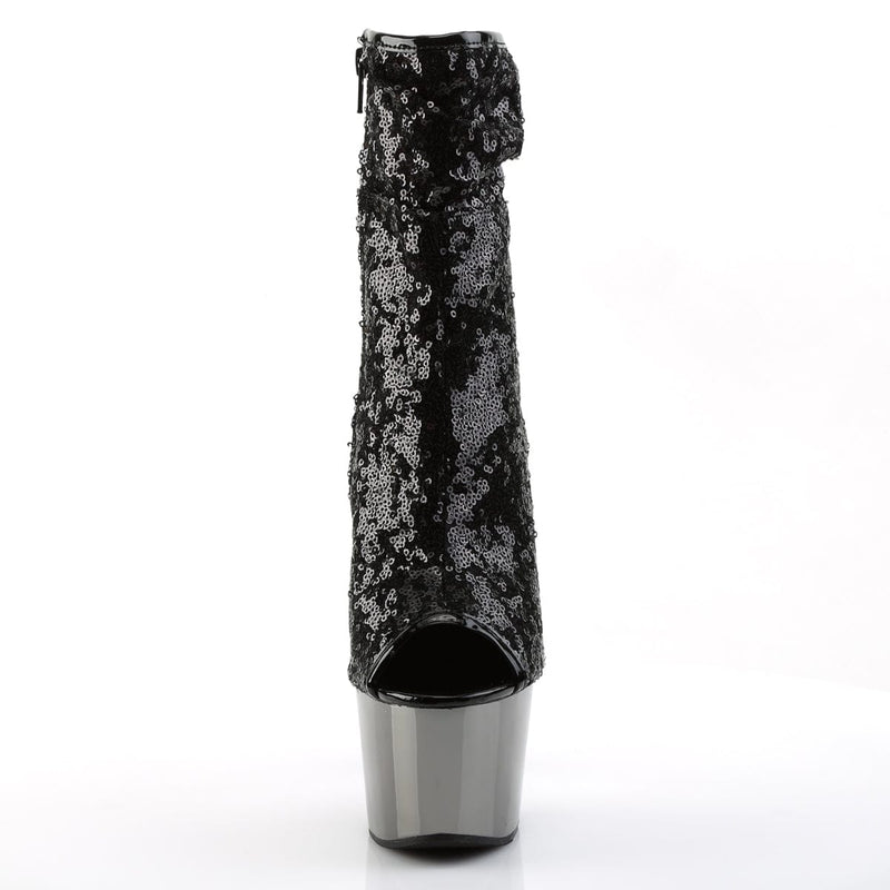 Pleaser ADORE-1008SQ Platform Ankle Boot (Black Sequins/Dark Pewter Chrome)