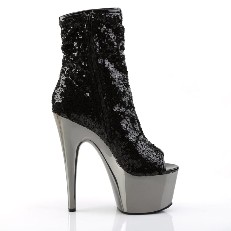 Pleaser ADORE-1008SQ Platform Ankle Boot (Black Sequins/Dark Pewter Chrome)