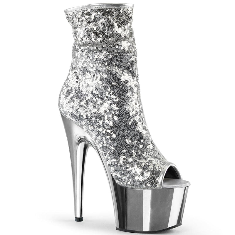 Pleaser ADORE-1008SQ Platform Ankle Boot (Silver Sequins/Silver Chrome)
