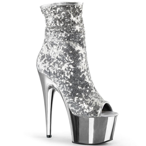 Pleaser ADORE-1008SQ Platform Ankle Boot (Silver Sequins/Silver Chrome)