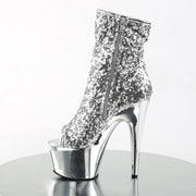 Pleaser ADORE-1008SQ Platform Ankle Boot (Silver Sequins/Silver Chrome)
