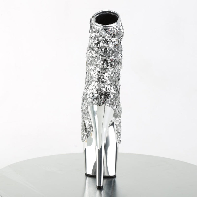 Pleaser ADORE-1008SQ Platform Ankle Boot (Silver Sequins/Silver Chrome)
