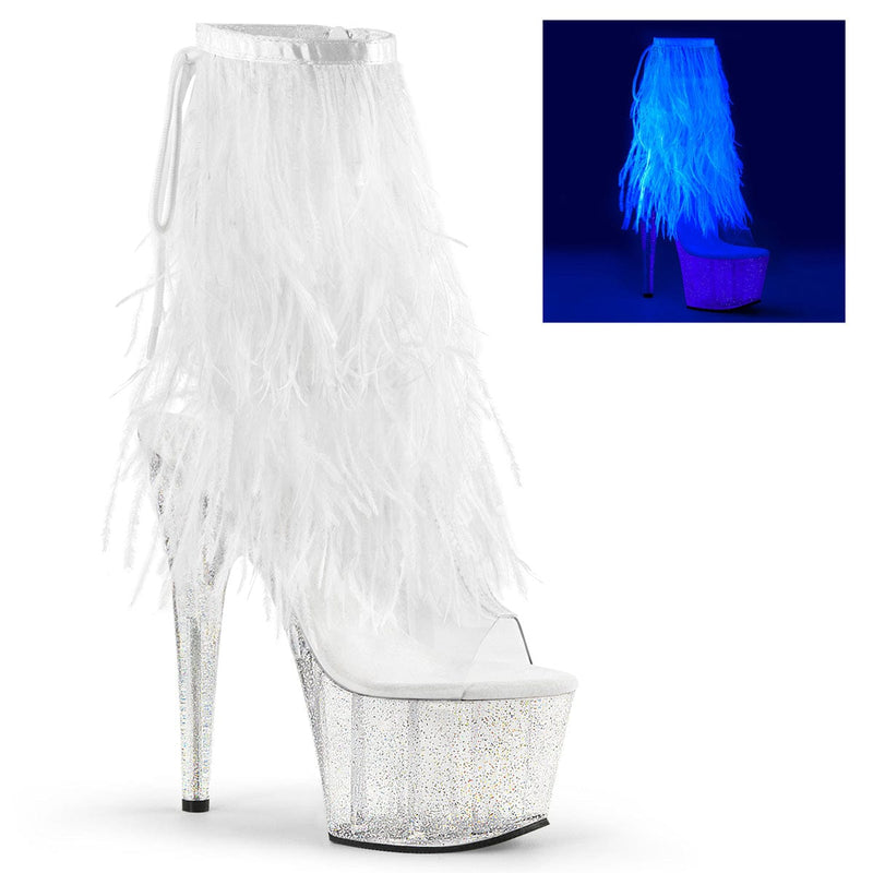 Pleaser ADORE-1017MFF Platform Ankle Boot (Clear-White Marabou/Clear-Glitter)