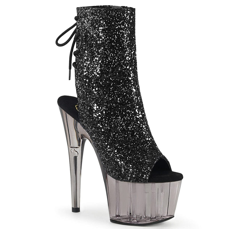 Pleaser ADORE-1018GT Platform Ankle Boot (Black Glitter/Smoke Tinted)