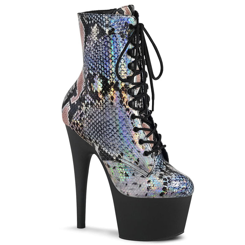 Pleaser ADORE-1020SP Platform Ankle Boot (Silver Holo Snake Print/Black Matte)