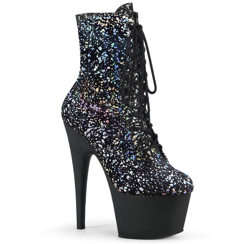 Pleaser ADORE-1020SPLAT Platform Ankle Boot (Black Velvet-Silver Holo/Black Matte) 5