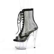 Pleaser ADORE-1021RM Platform Ankle Boot (Black Faux Suede-Rhinestone Mesh/Clear)