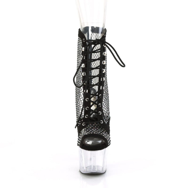 Pleaser ADORE-1021RM Platform Ankle Boot (Black Faux Suede-Rhinestone Mesh/Clear)