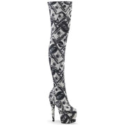 Pleaser ADORE-3000DP Platform Thigh High Boot (White-Black Stretch Fabric/White-Black Fabric)