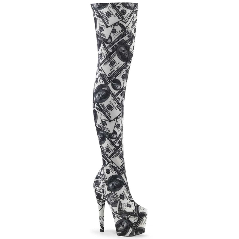 Pleaser ADORE-3000DP Platform Thigh High Boot (White-Black Stretch Fabric/White-Black Fabric)