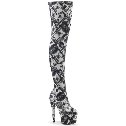 Pleaser ADORE-3000DP Platform Thigh High Boot (White-Black Stretch Fabric/White-Black Fabric)