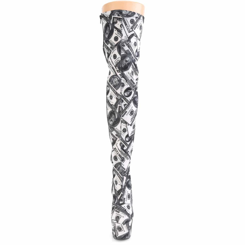 Pleaser ADORE-3000DP Platform Thigh High Boot (White-Black Stretch Fabric/White-Black Fabric)