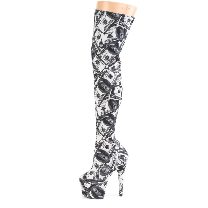 Pleaser ADORE-3000DP Platform Thigh High Boot (White-Black Stretch Fabric/White-Black Fabric)
