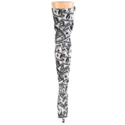 Pleaser ADORE-3000DP Platform Thigh High Boot (White-Black Stretch Fabric/White-Black Fabric)
